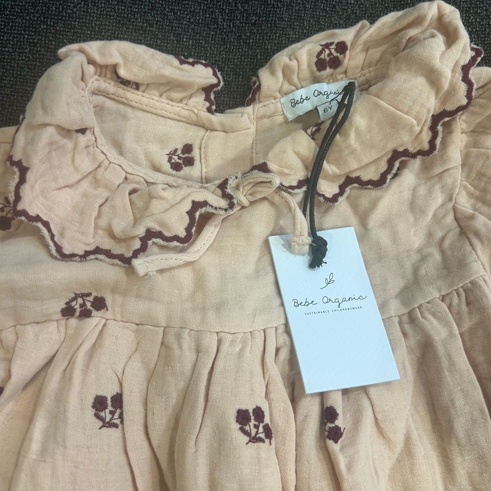NWT Girls Beige Embroidered Cotton Dress with Ruffled Collar - Picture 8 of 12